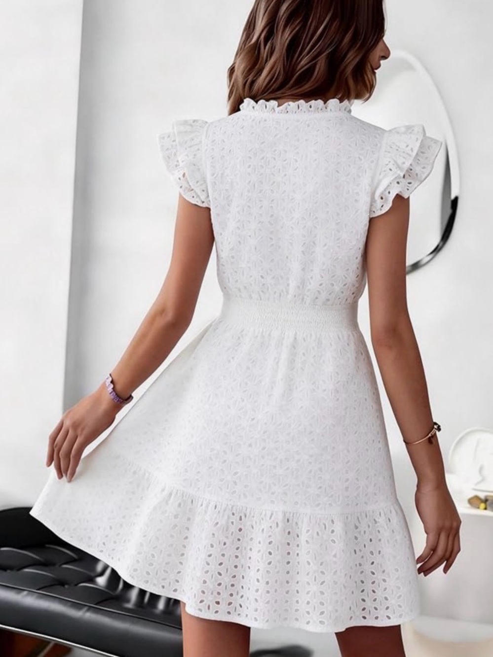 White Eyelet Ruffle Sleeve Mini Dress - Picture 2 of 4